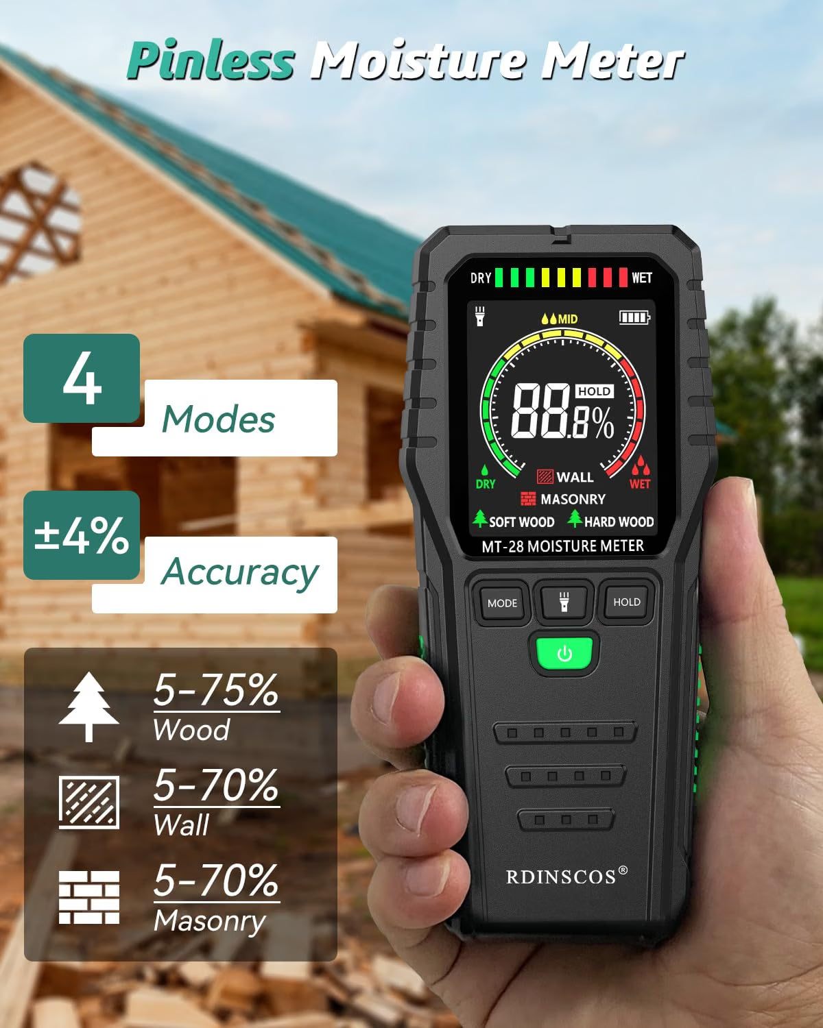 RDINSCOS Pinless Wood Moisture Meter Wall Moisture Detector